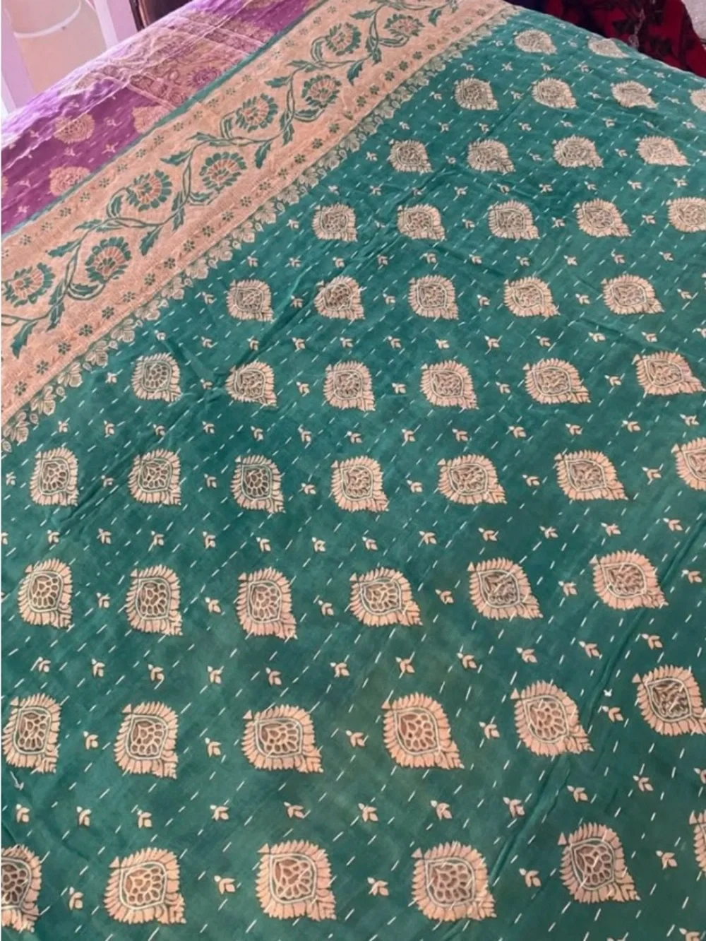 Teal and Purple and Black Quilted Kantha Bedspread